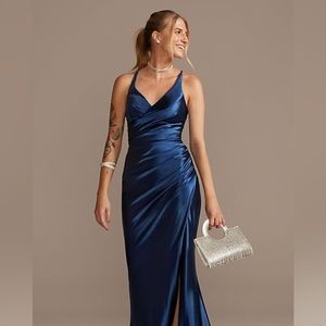 David’s Bridal Jules and Cleo Royal Blue Ruched V-neck Stretch Satin Sheath Gown